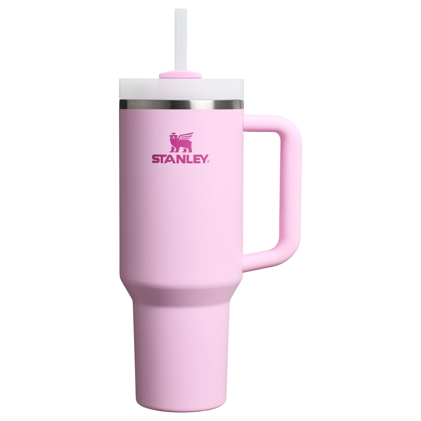 Pink Stanley tumbler with a handle on a white background