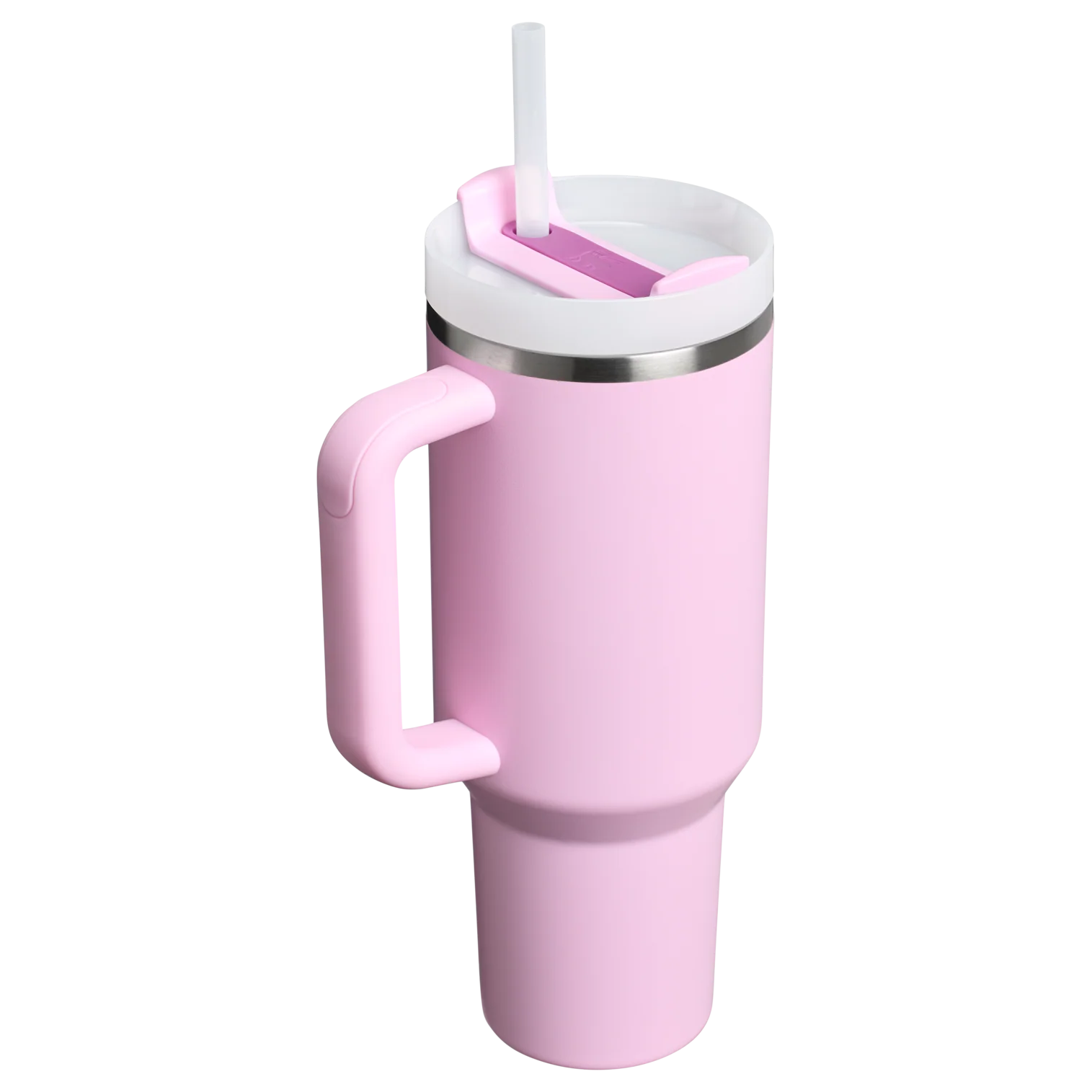 Pink tumbler with a handle and straw on a white background